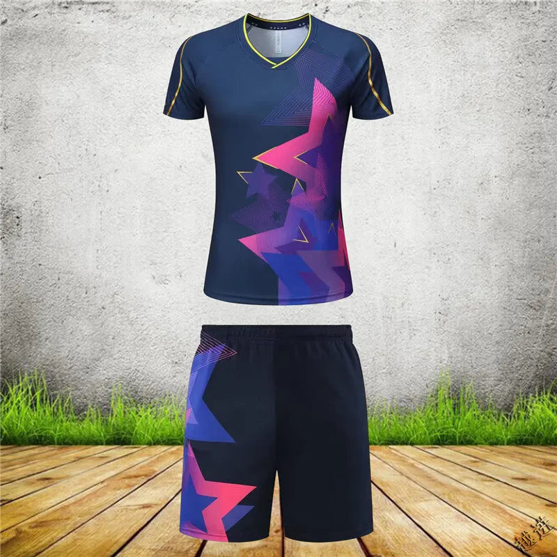 A man and woman modelling a blue and purple badminton sportswear outfit consisting of a short-sleeved top and trousers.
