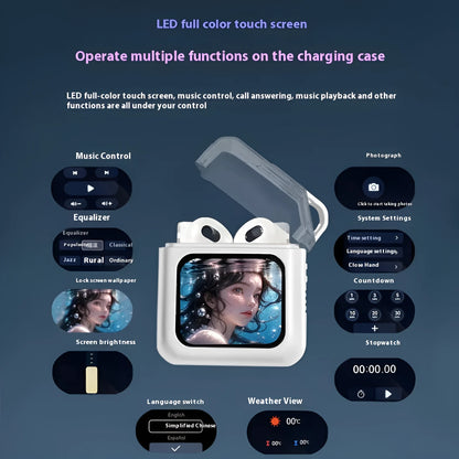 White and grey ANC Bluetooth headset with colour screen display and in-ear design