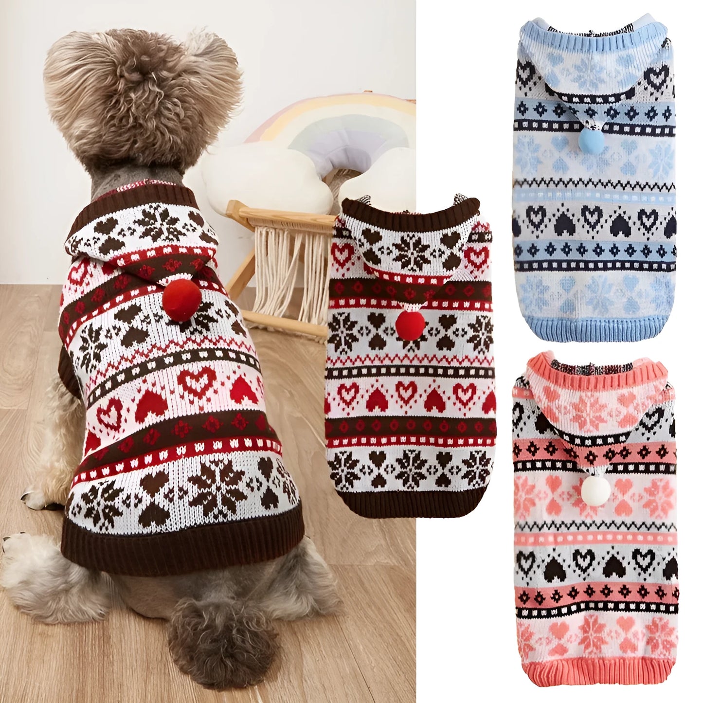 Small dog wearing a pink camouflage patterned knitted sweater with snowflake and heart stripes.