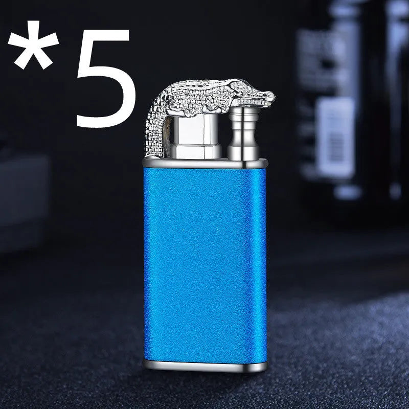 Metal windproof lighter with double flame and dragon design, showing flame from mouth.