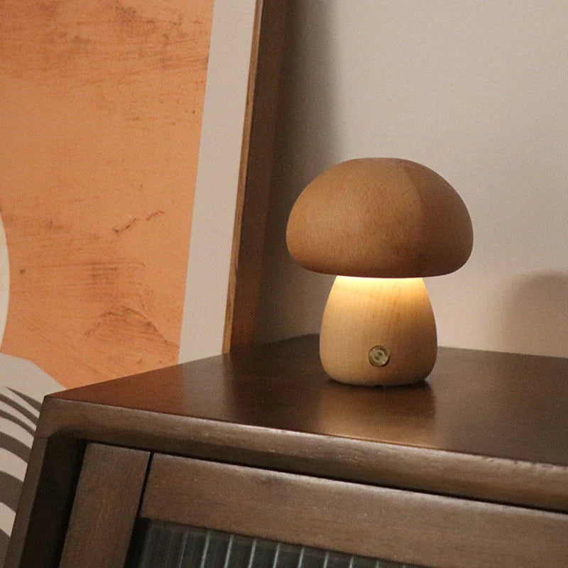 Charming wooden mushroom-shaped LED night light with touch control for bedroom, nursery, or living room decor