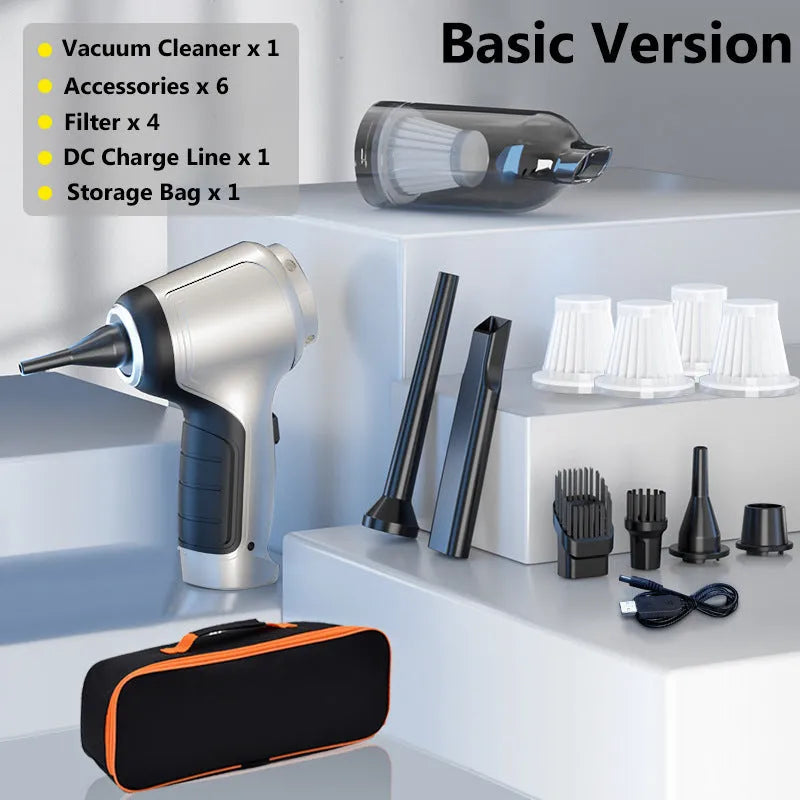Car mounted brushless handheld inflatable vacuum cleaner with EVA bag on green background