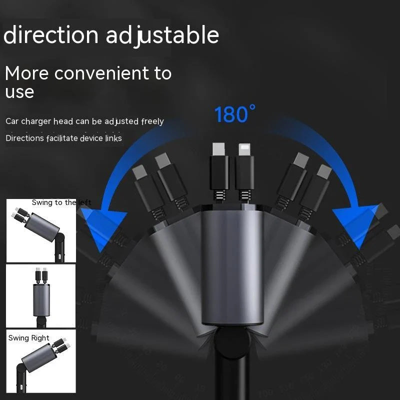 High-Speed 100W Car Charger with USB and Type-C Ports - Premium Metal Design, Fast Charging, Retractable Cable