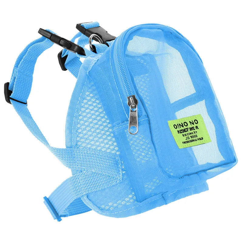 Solid colour dog backpack with breathable mesh panels for pet ventilation.