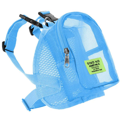Solid colour dog backpack with breathable mesh panels for pet ventilation.