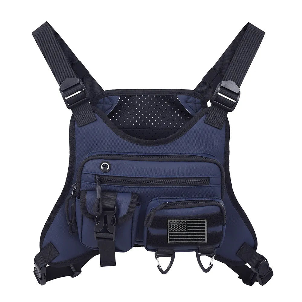 Black outdoor sports chest bag with vest straps and sewing line detailing.