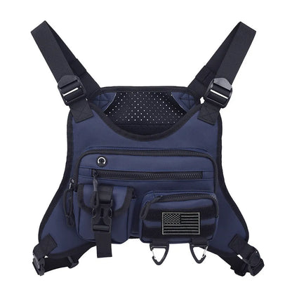 Black outdoor sports chest bag with vest straps and sewing line detailing.