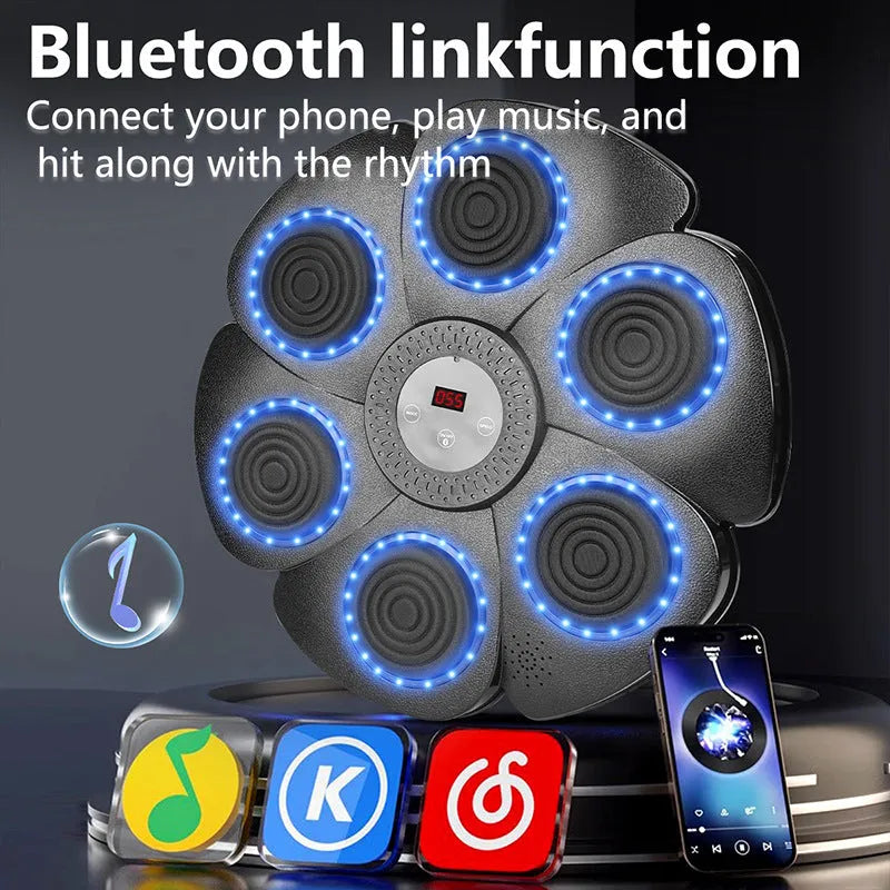 Black smart boxing wall target with LED lights, includes half-finger boxing gloves and charging cable for indoor training