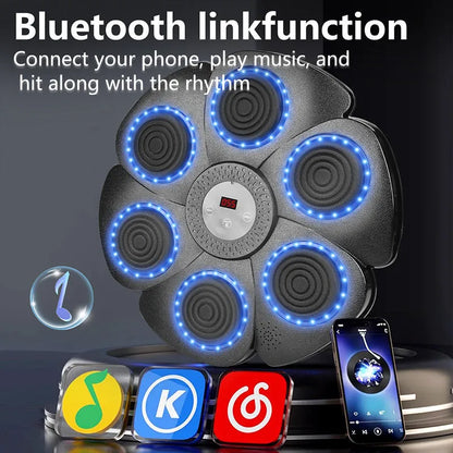 Black smart boxing wall target with LED lights, includes half-finger boxing gloves and charging cable for indoor training