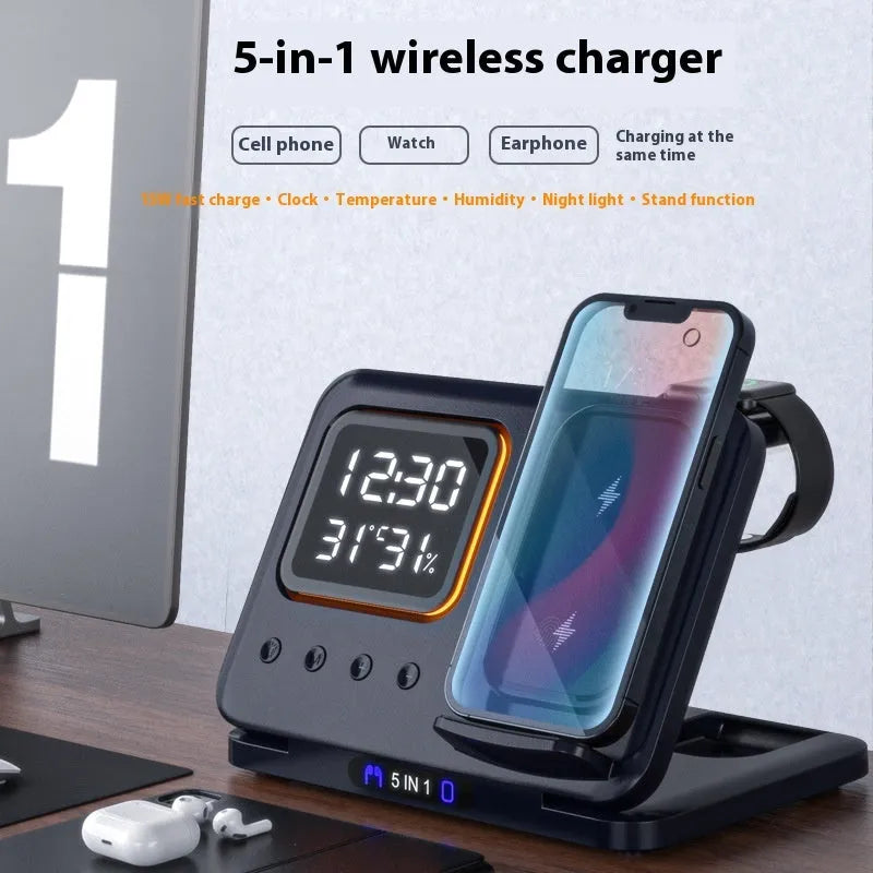 Black wireless charging station showing phone, watch and headphones charging, with digital clock display.