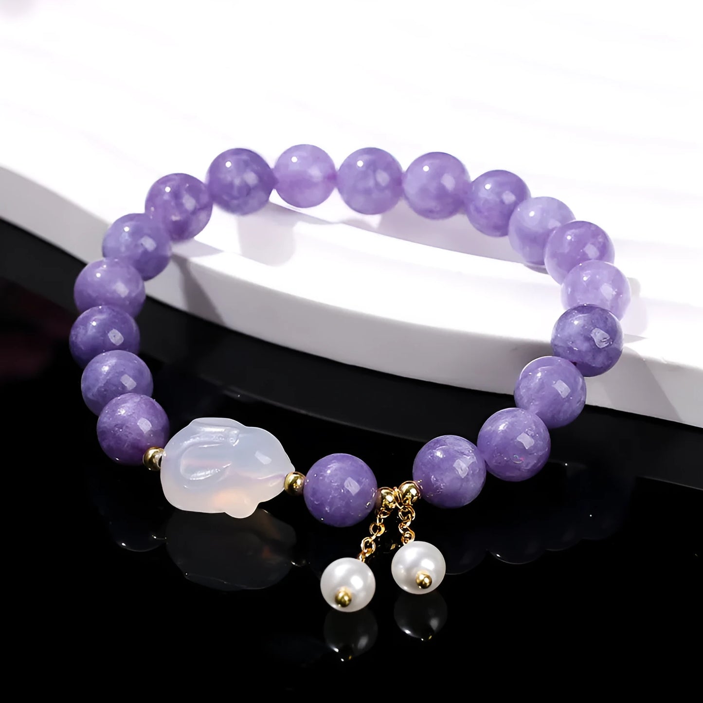 Purple aquamarine chalcedony and agate rabbit bracelet with geometric design and round elements