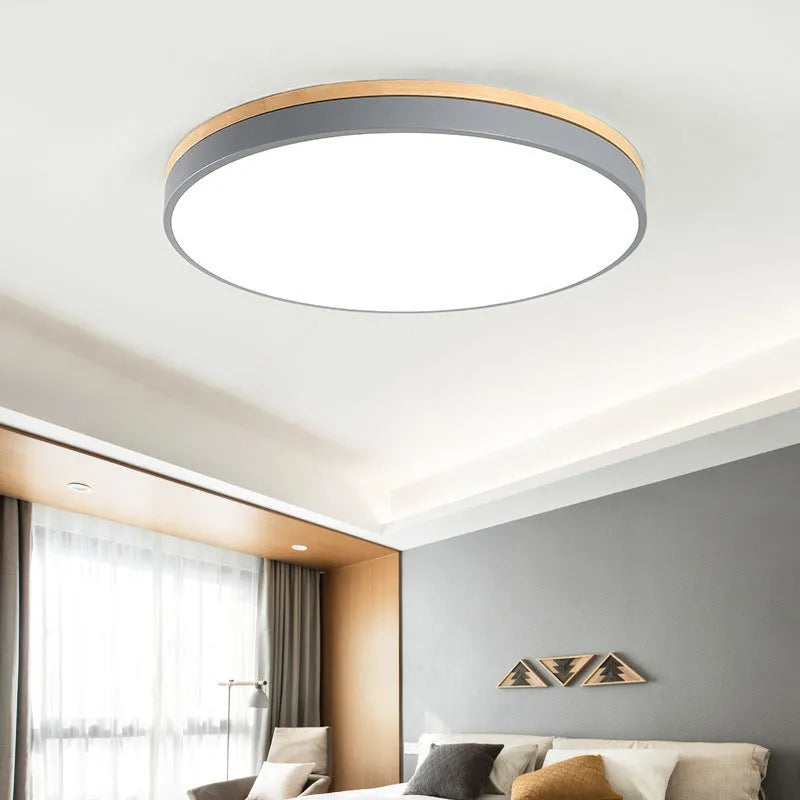 Nordic style solid wood and iron LED ceiling lamp with round design in white finish