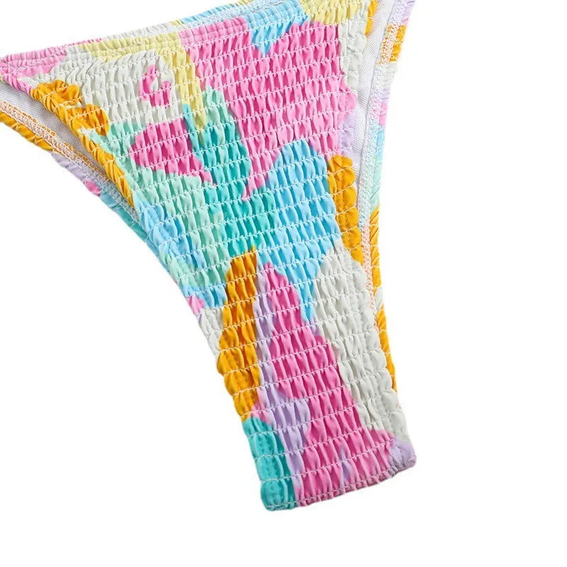 Women's multicolour floral gradient bikini with smocking detail in polyester fabric