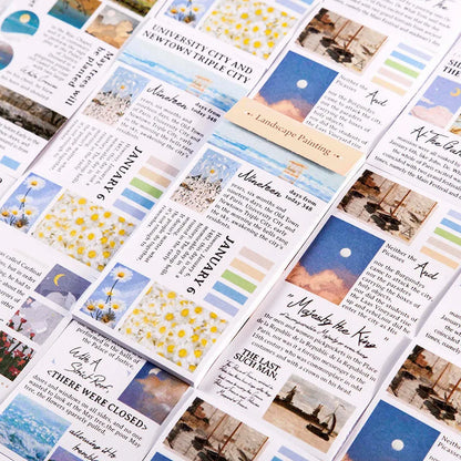 Pack of 20 rectangular paper stickers featuring famous landscape painting artworks.