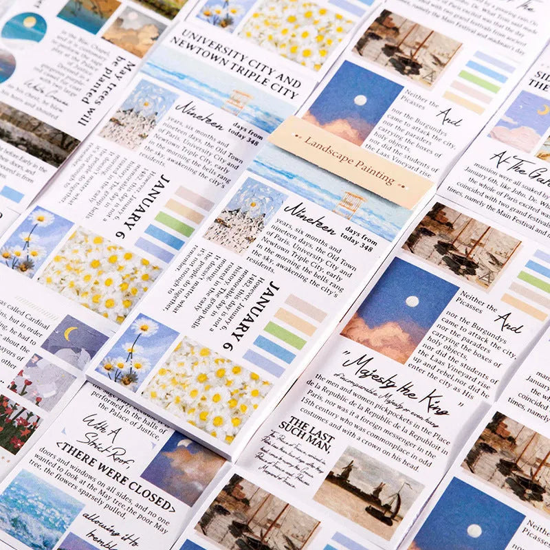Paper sticker book series of famous landscape paintings, pack of 20 paper stickers measuring 60mm by 120mm, basic English art and craft supplies for scrapbooking, card making and journal decoration, available in eight colour options