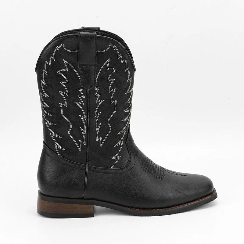 Men's black square toe denim-style motorcycle boots with mid-calf shaft and low wedge heel.