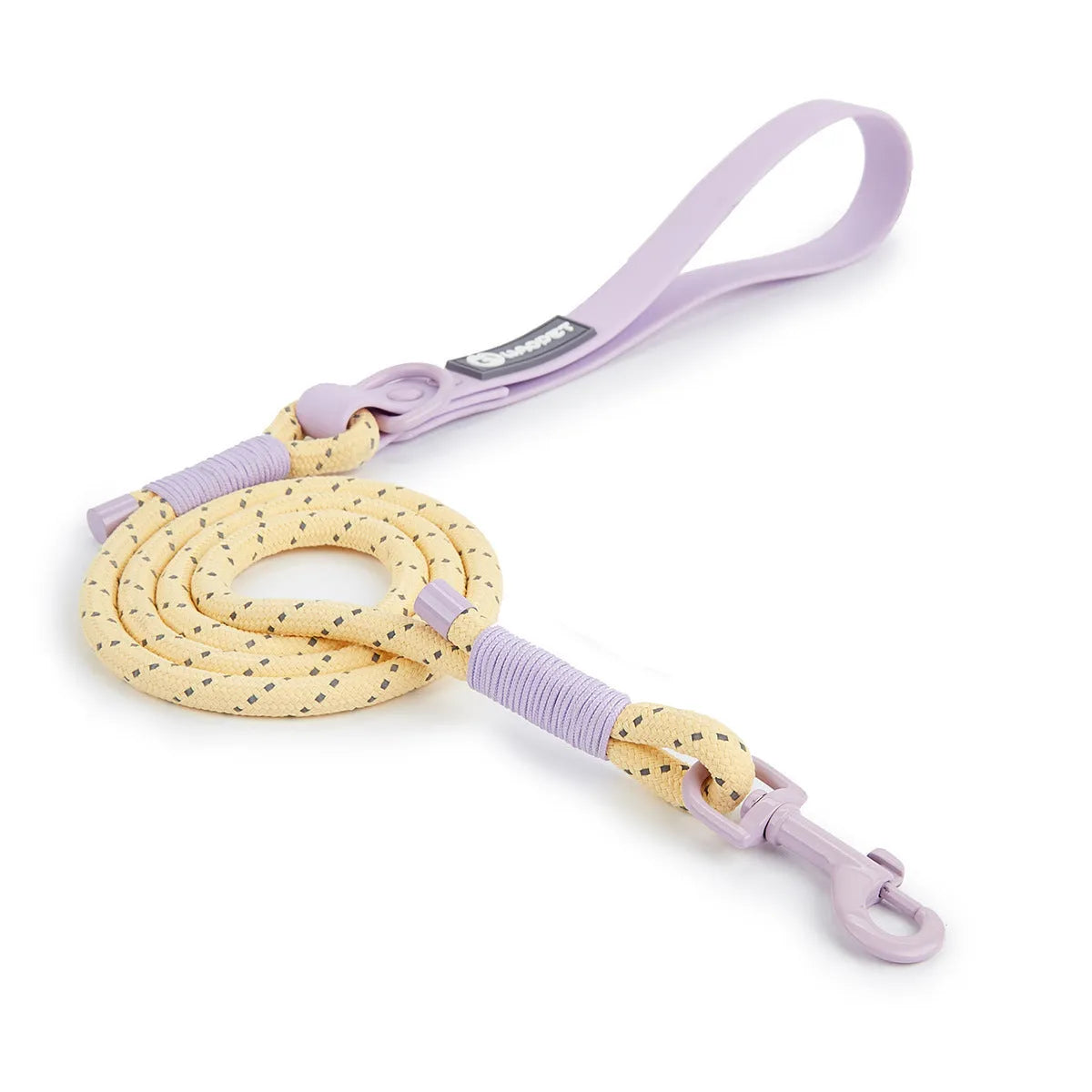 Solid colour PVC dog hand holding rope leash in dark red purple yellow showing collar attachment.
