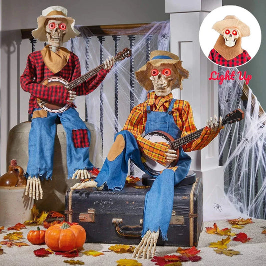 Glowing Guitarist Skeleton Halloween Decoration with Eerie Glow and Unique Skeletal Guitar Pose