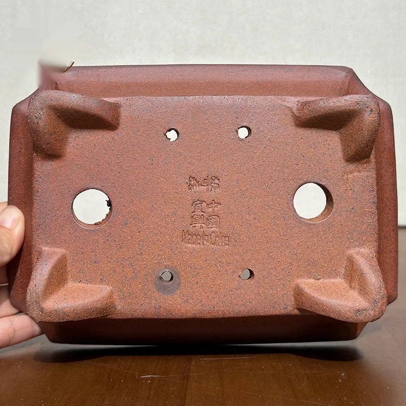 Rectangular light brown stoneware bonsai pot with 17 cm bottom diameter