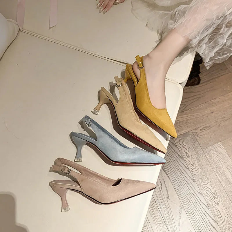 Women's stiletto heel pointed high heels in suede and rubber with microfiber lining, spring and summer fashion shoes available in apricot, pink, sky blue, and yellow colours, sizes 35 to 40