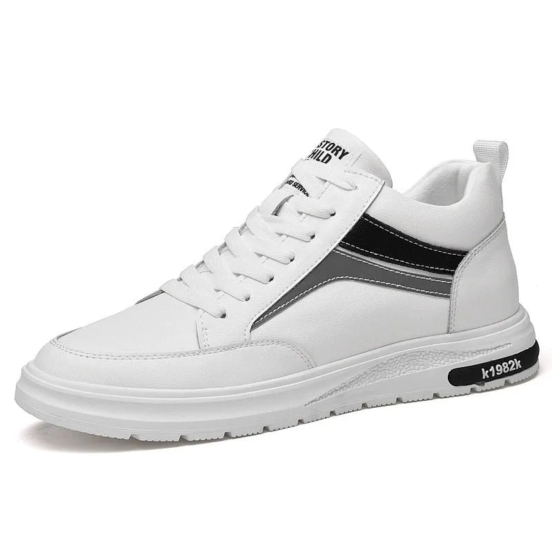 Men's white and black low-top casual sneakers with round toe and lace-up front, showcasing sewing line detail.