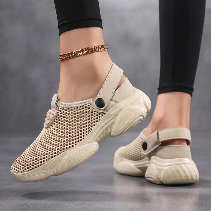 Women's Flyknit casual sports sandals in beige colour with round toe holder