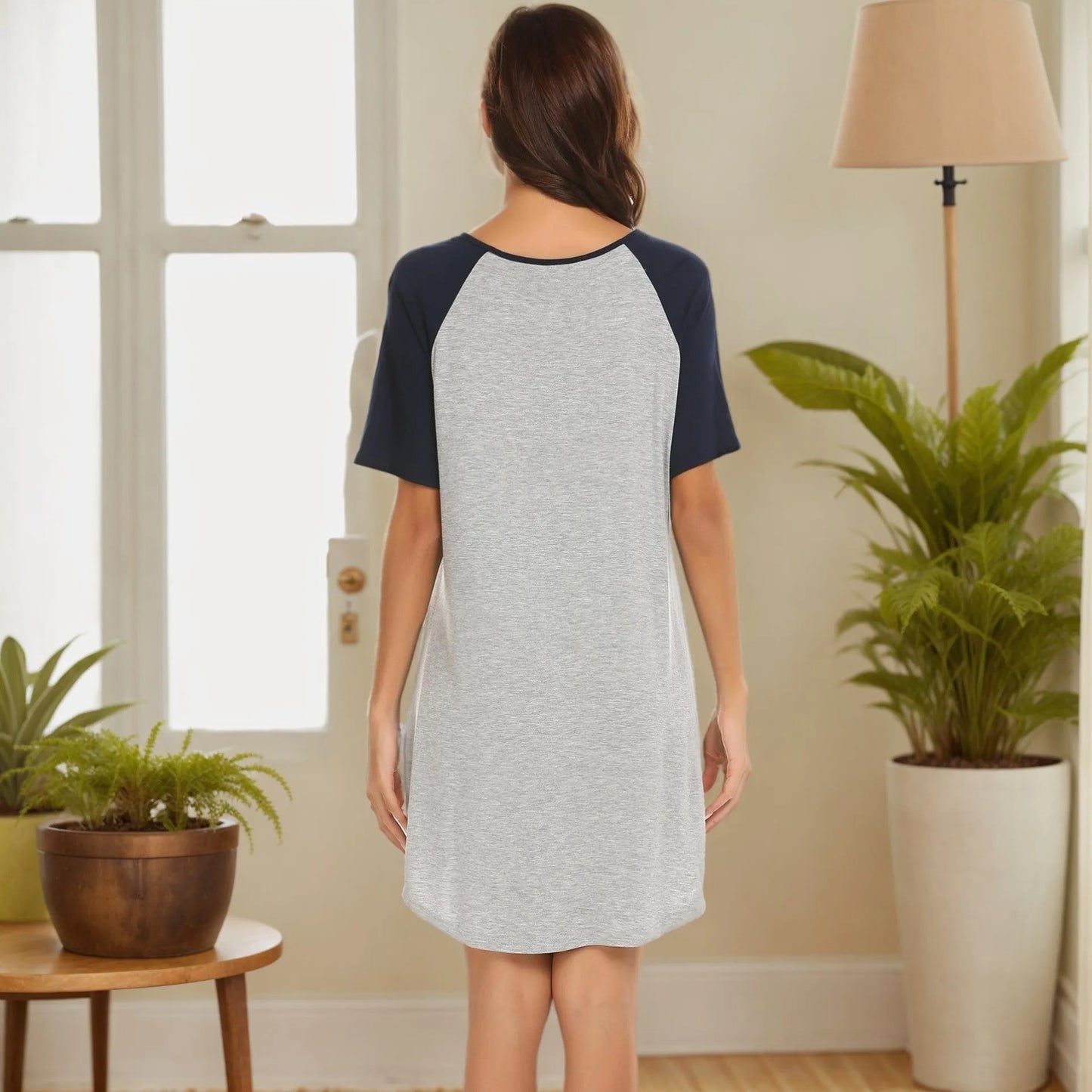 Women's double brushed colour contrast patchwork nightdress with navy or black sleeves on mannequin
