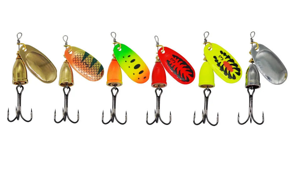 R composite rotating sequins copper bell fishing lure in seven colours showing 3# size and metal construction