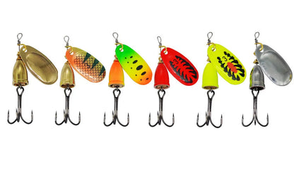 R composite rotating sequins copper bell fishing lure in seven colours showing 3# size and metal construction