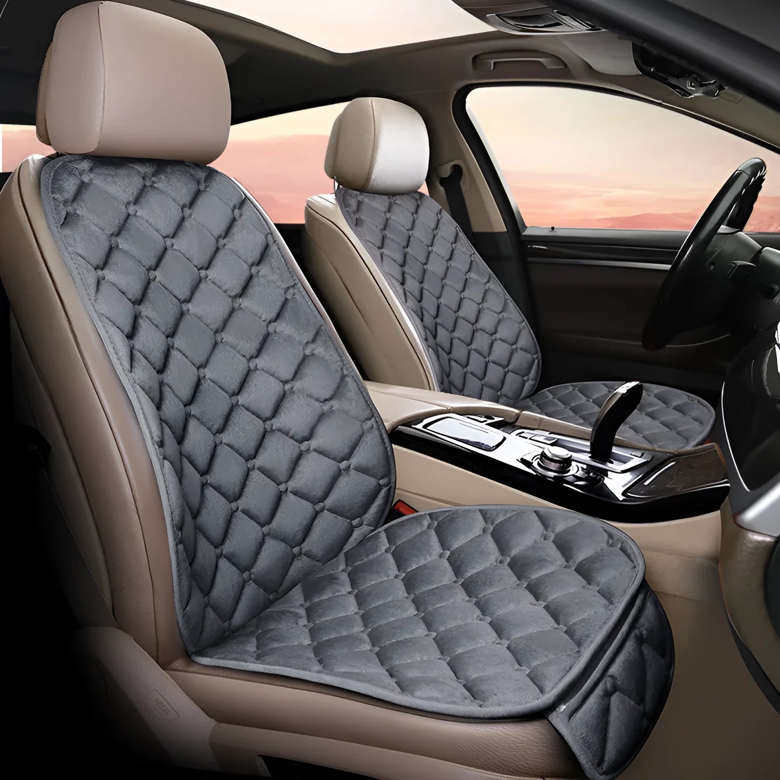 Ringer plush cotton car seat cushion in burgundy colour on a car seat.