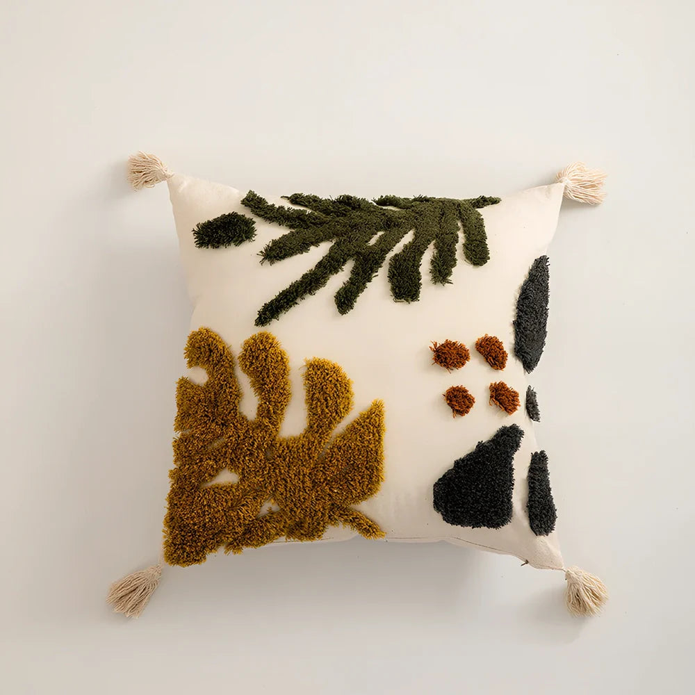 Tufted cotton sofa pillowcase 45x45cm in dark grey flower field print, showing textured loops and full coverage design