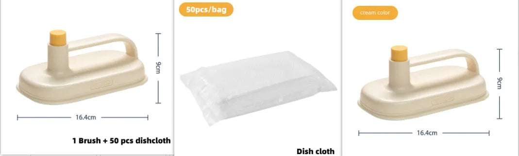 Magic disposable cleaning brush with handle, storage box, and pack of 50 white non-woven cloths for bathroom and kitchen cleaning.