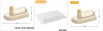 Magic disposable cleaning brush with handle, storage box, and pack of 50 white non-woven cloths for bathroom and kitchen cleaning.