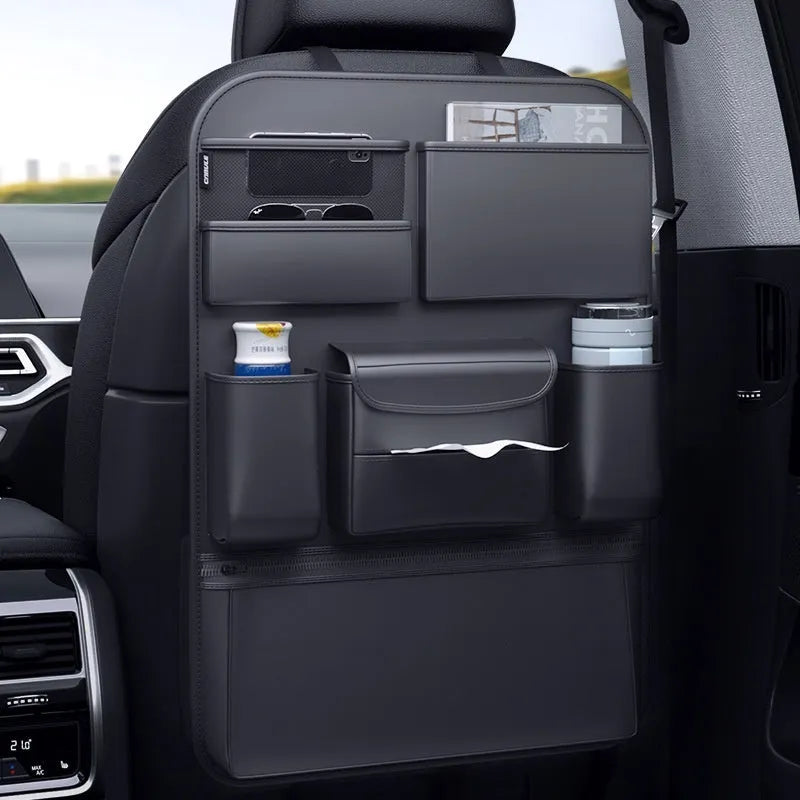 Black leather car seat back storage hanging bag with carrying handle