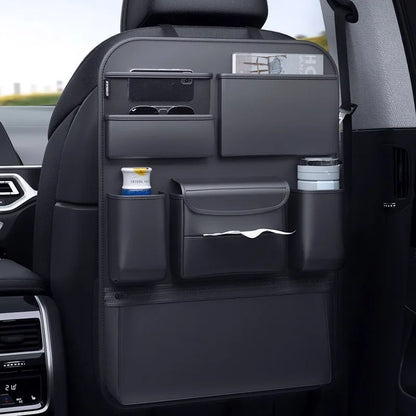 Black leather car seat back storage hanging bag with carrying handle