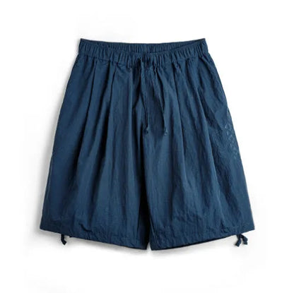 Men's Prussian Blue nylon beach shorts with embroidery and loose fit