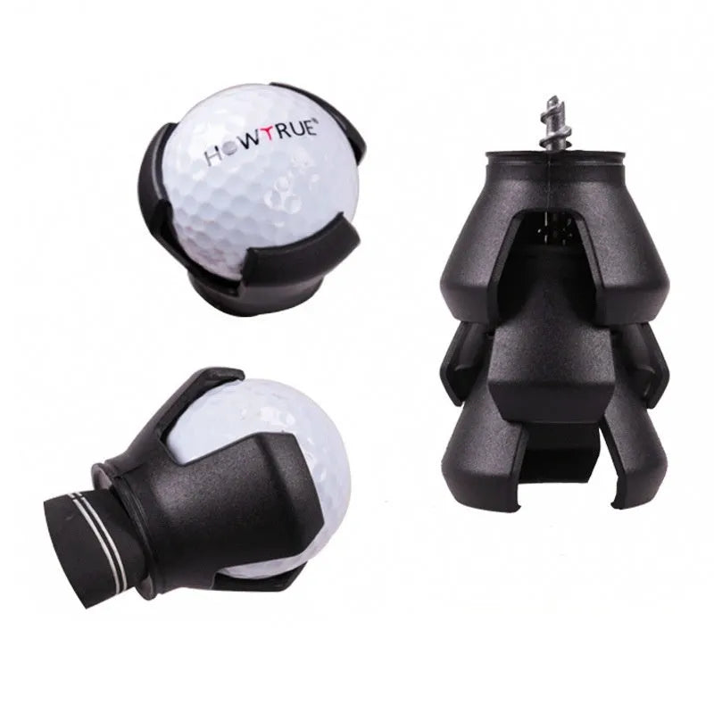 Black golf ball picking device clip shown on a golf bag strap.