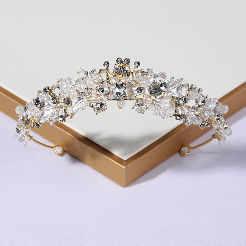 Women's electroplated pearl crown headdress in gold or silver colour for weddings