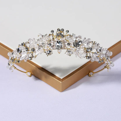 Women's electroplated pearl crown headdress in gold or silver colour for weddings