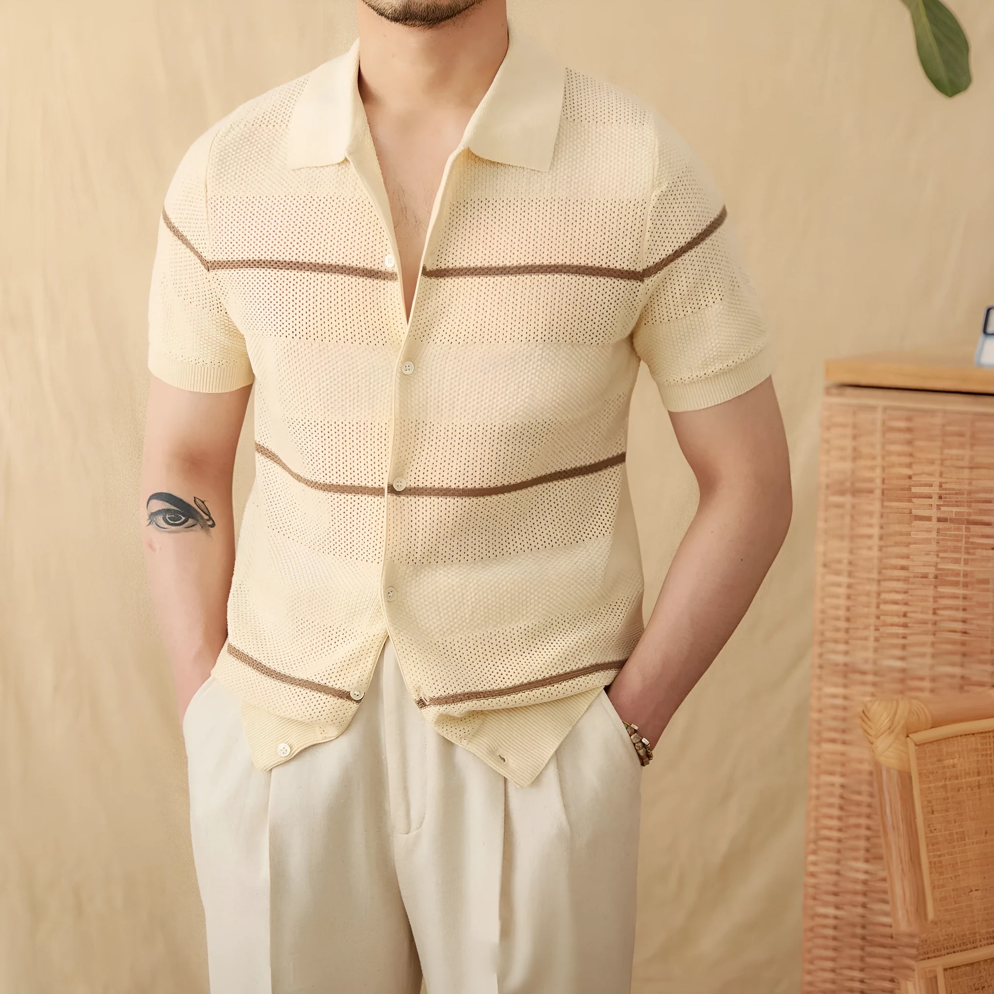Camel coloured short sleeve lapel cardigan made from a thin linen and cotton knitted fabric.