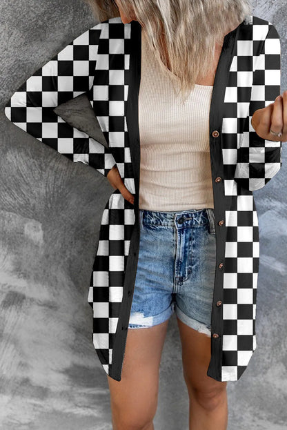 Women's long plaid knitted cardigan coat in polyester fabric with regular sleeves