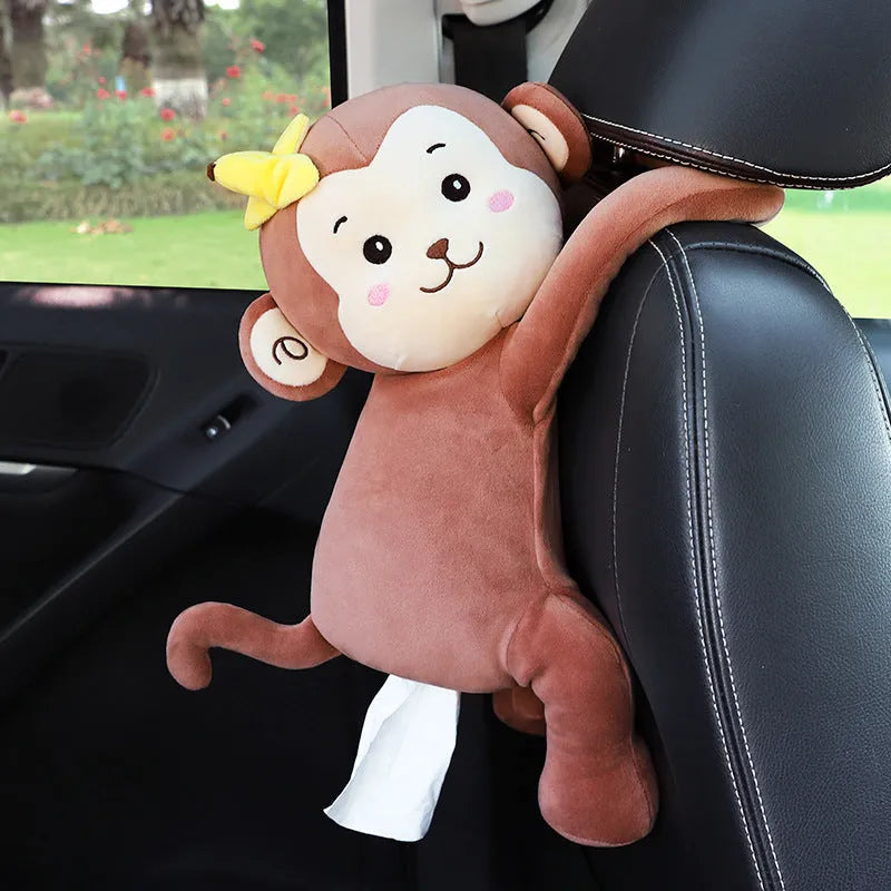 Plush animal design tissue box holder mounted on back of car seat
