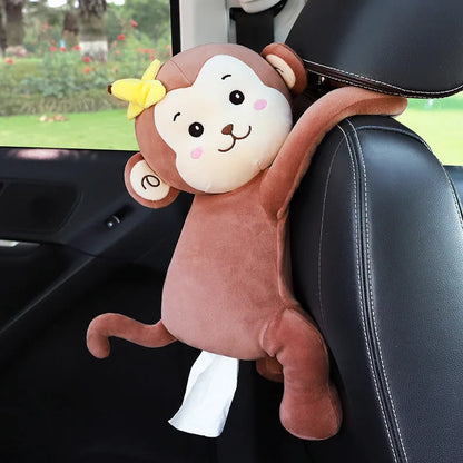 Plush animal design tissue box holder mounted on back of car seat