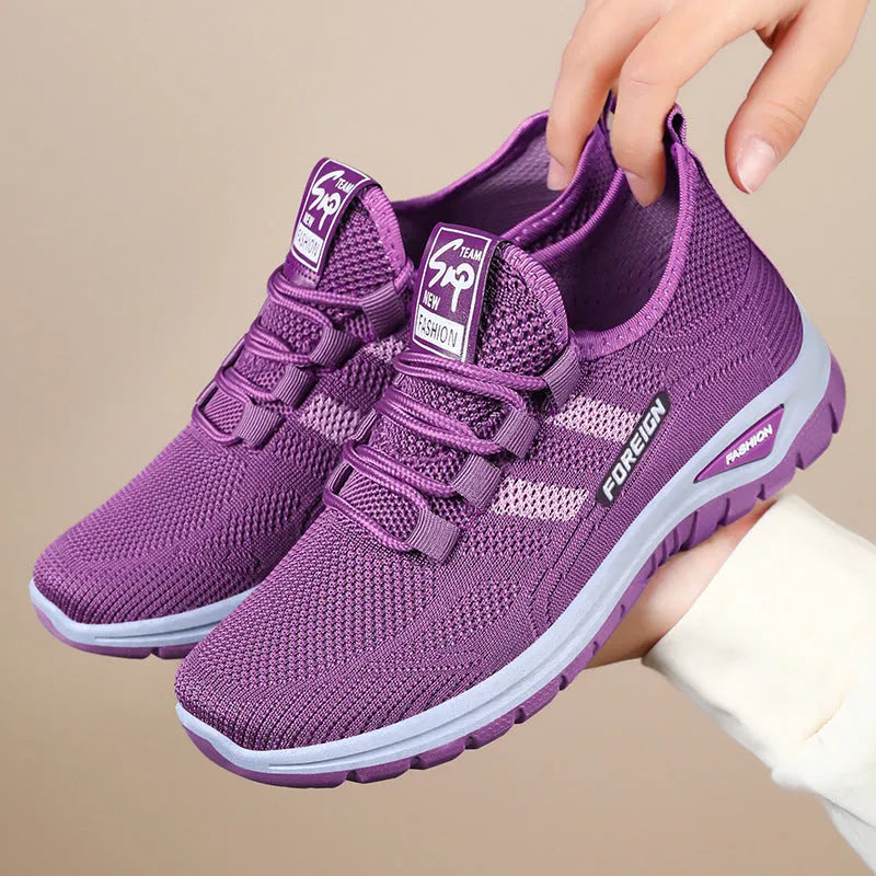Casual breathable mesh shoes with flat PVC sole in purple, grey, red, and black colour options