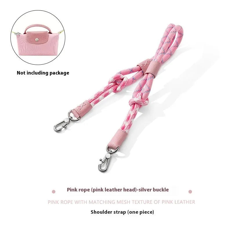 Braided rope and leather shoulder strap with a metal buckle in gold or silver finish