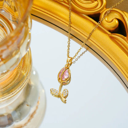 Zircon Tulip necklace with floral pendant on adjustable O-ring chain in gold colour options
