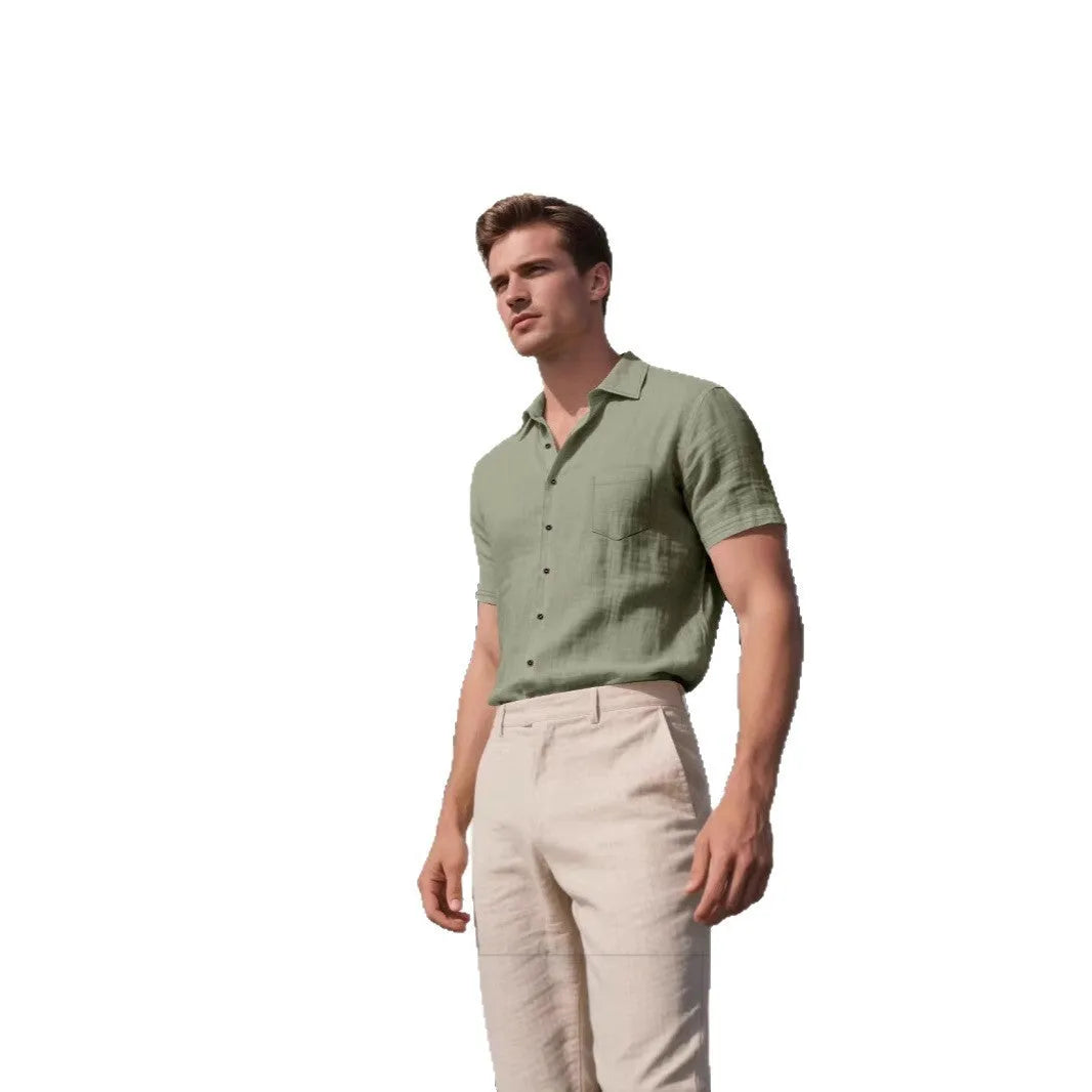 Men's loose fit short-sleeved linen blend shirt in a cardigan style, shown in a solid colour.