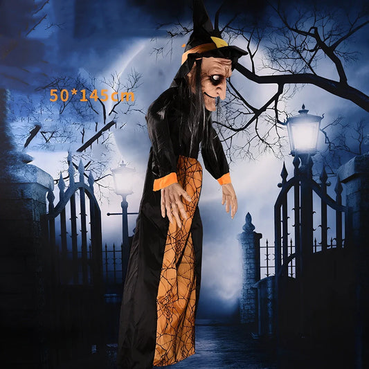 120cm black voice-activated electric witch prop with purple option for Halloween decorations, polyester material