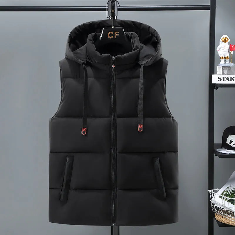 Men's solid colour thickened vest with removable cap in black or blue options