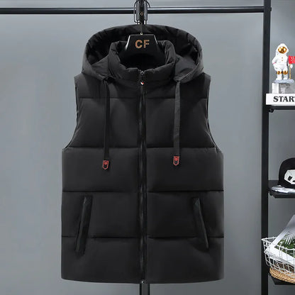 Men's solid colour thickened vest with removable cap in black or blue options